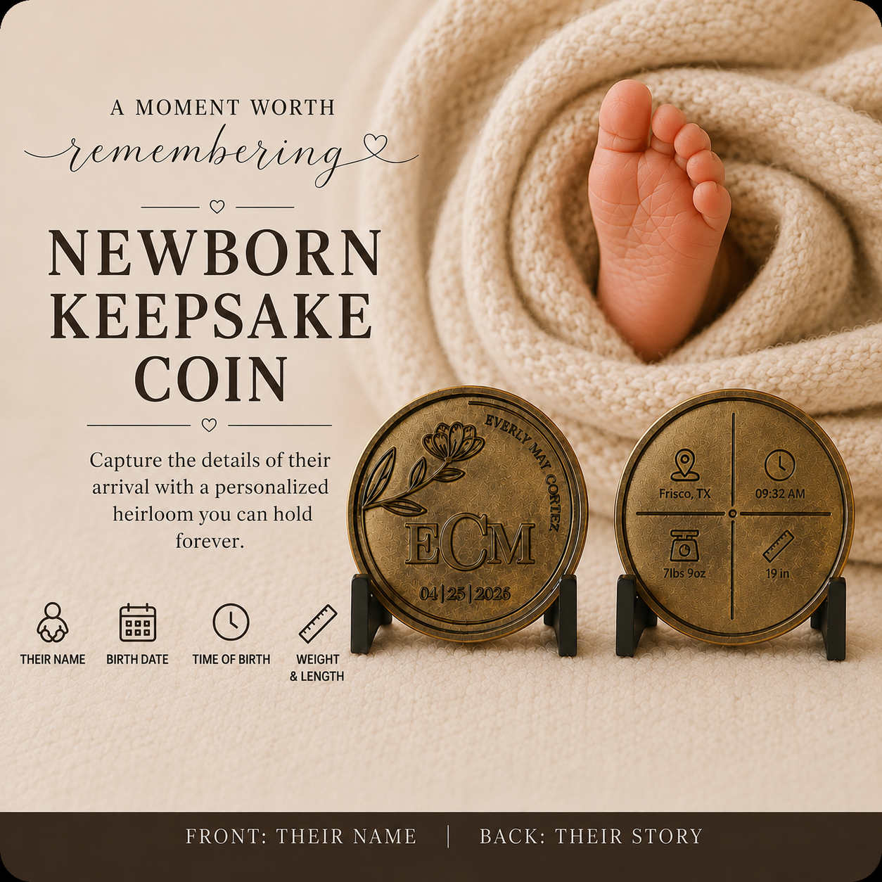 Personalized Newborn Keepsake Coin | Custom Baby Birth Stats Coin